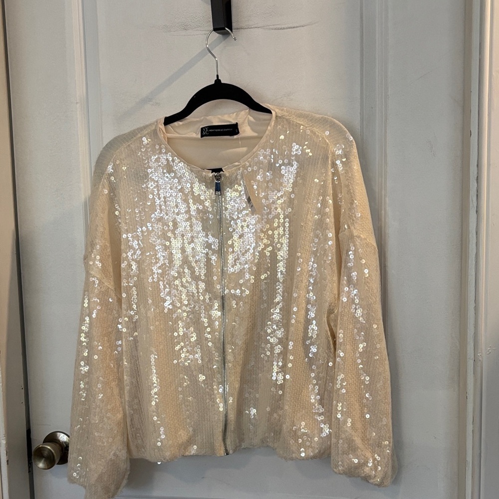 NY & Co. Sequin Bomber Jacket in Cream